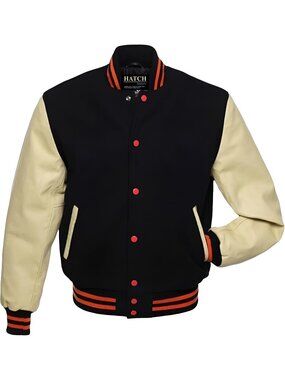 Men’s Black Cream Orange Genuine Leather Sleeve Varsity Letterman Jacket